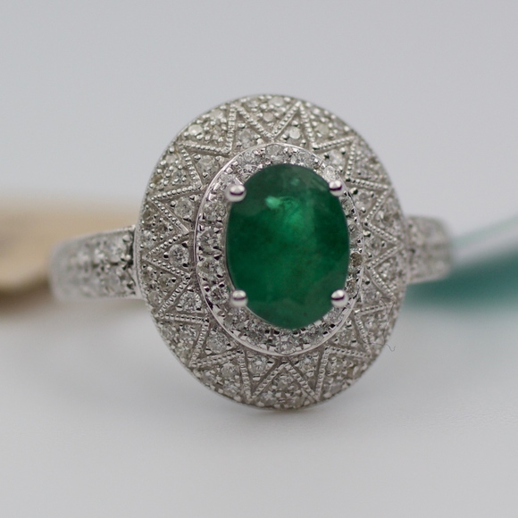 EFFY 14k White Gold Oval Emerald And Diamond Ring - Picture 4 of 8